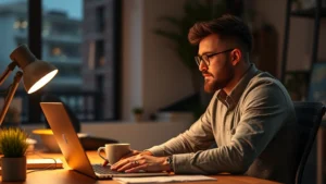Founder working at desk late evening, laptop and coffee, focused expression, startup office environment, warm desk lighting, photorealistic
