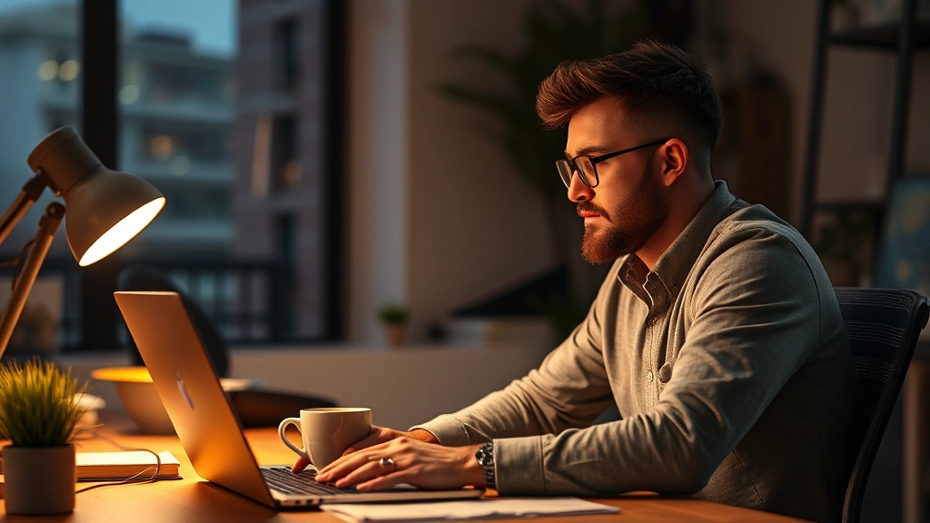 Founder working at desk late evening, laptop and coffee, focused expression, startup office environment, warm desk lighting, photorealistic