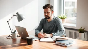 Founder working at a desk with coffee and notebook, natural daylight from window, calm focused expression, modern minimalist workspace, no screens visible