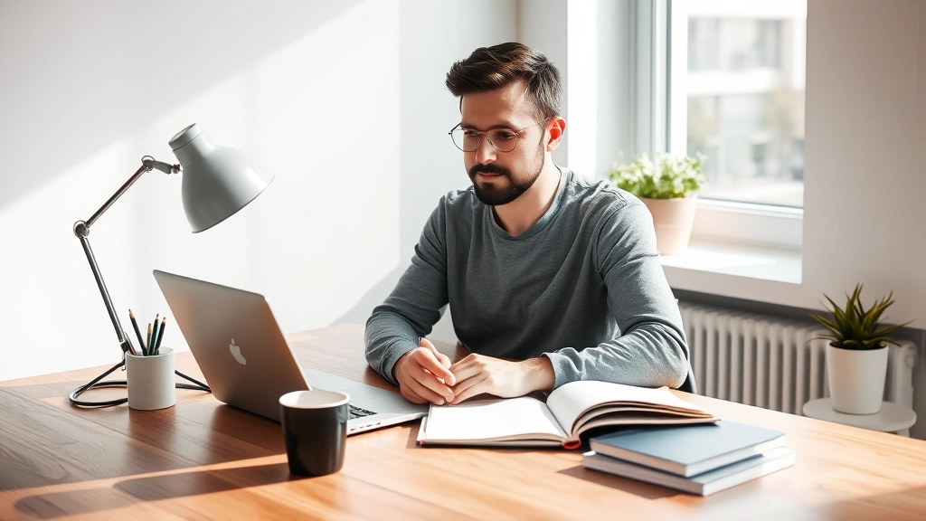 Founder working at a desk with coffee and notebook, natural daylight from window, calm focused expression, modern minimalist workspace, no screens visible