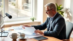 Founder at wooden desk reviewing business documents and financial charts with coffee cup nearby, natural window lighting, focused expression