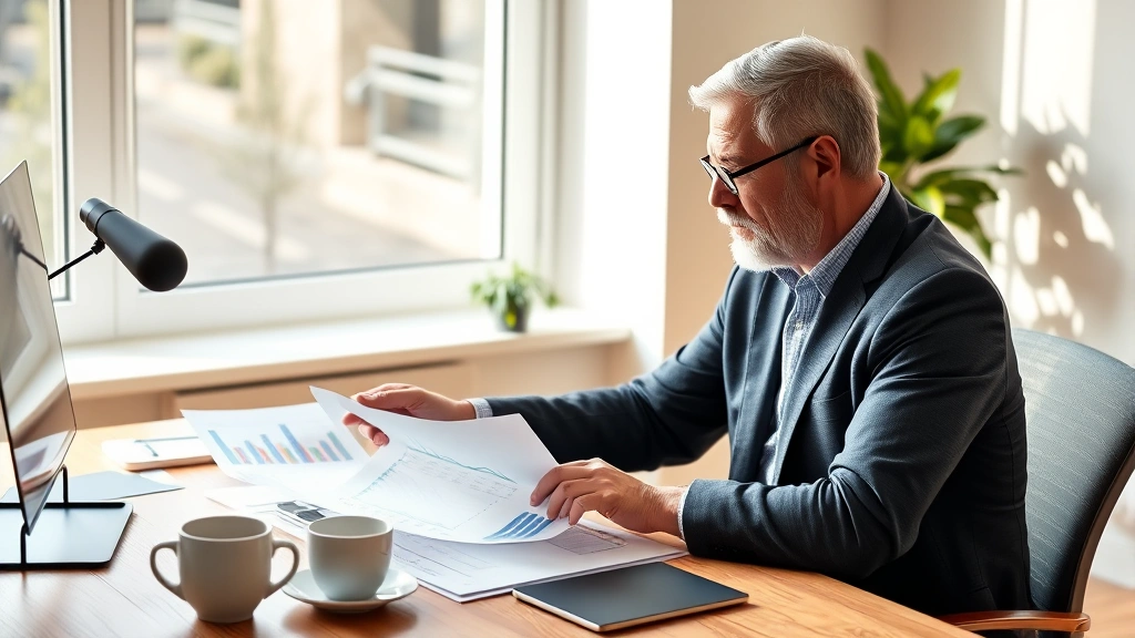 Founder at wooden desk reviewing business documents and financial charts with coffee cup nearby, natural window lighting, focused expression