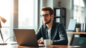 Founder at desk with laptop and coffee, morning sunlight through window, looking thoughtful and focused on work, calm and determined expression, modern office setup