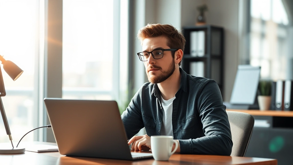 Founder at desk with laptop and coffee, morning sunlight through window, looking thoughtful and focused on work, calm and determined expression, modern office setup