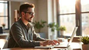 Founder working at a desk with laptop and notebook, sunlight streaming through windows, focused and determined expression, modern startup office environment