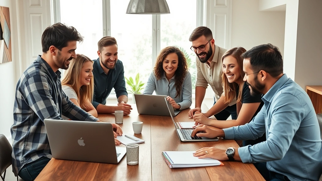 Diverse founding team collaborating around a wooden table with laptops and notebooks, natural window light, focused and energized expressions, modern startup office environment